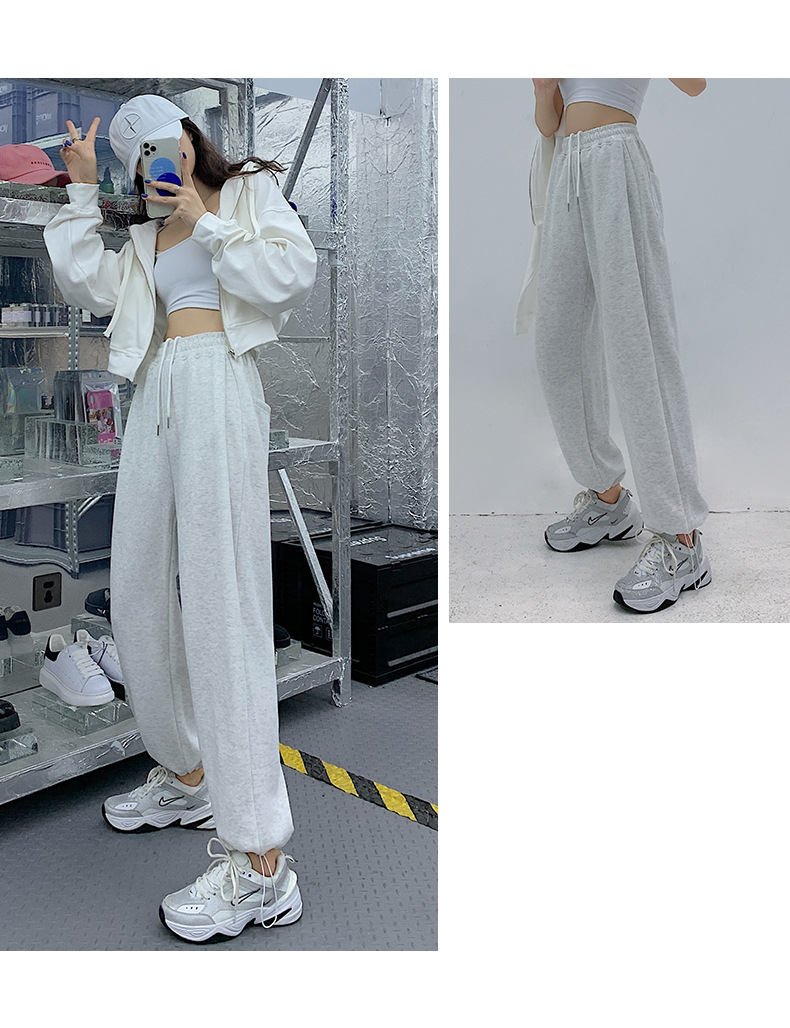 American grey sportswear pants for women in autumn and winter, fleece loose straight-leg casual sweatpants, petite wide-leg pants, trendy ins pic 18