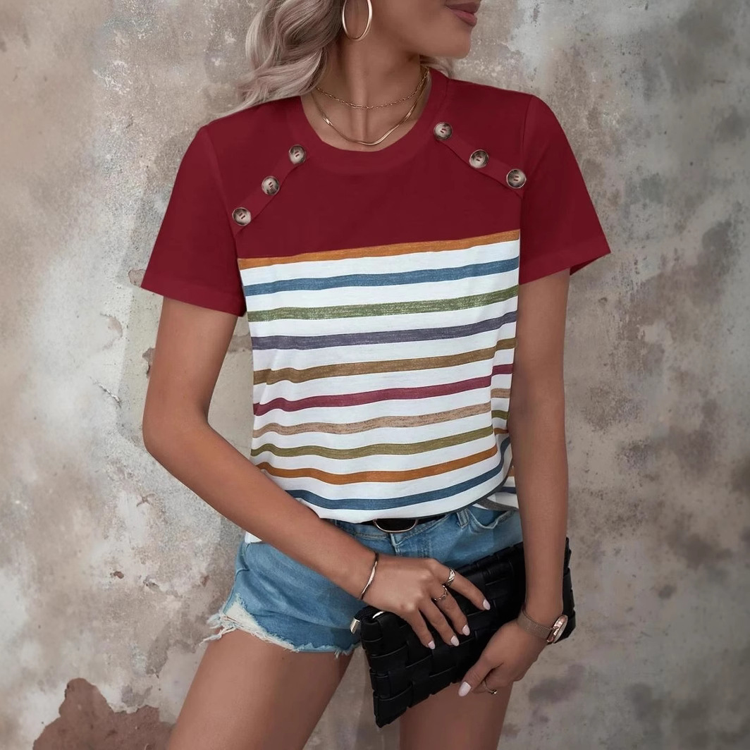 Blusa Casual de Verano para Mujer, Estilo Europeo y Americano, con Estampado de Rayas y Botones, Manga Corta, Nueva Colección 2026