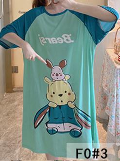 Nuestras ventas directas de la fábrica de verano de manga corta de mediados de longitud suelta de la muchacha exterior solo dibujos animados pijamas de seda vestido de las mujeres