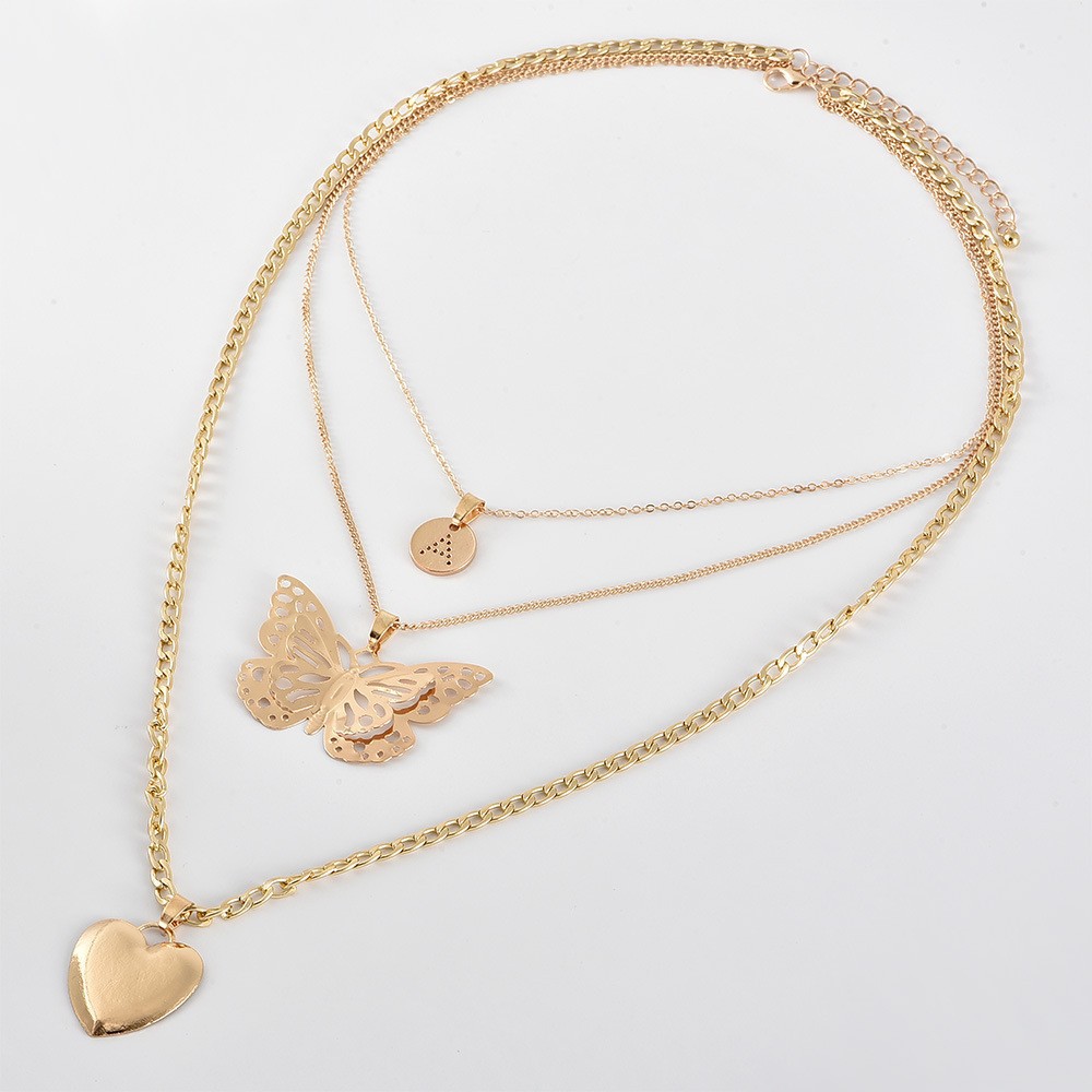 Collar de disco metálico multicapa, estilo minimalista, con colgante de corazón y mariposa - Cross-border image 6