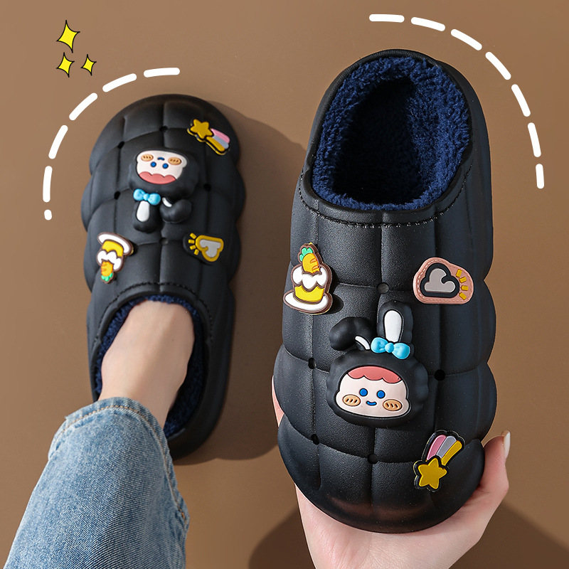 Pareja de invierno Zapatillas de algodón bolsa de mujer talón forrado de lana cálido hogar peludo dibujos animados impermeable slip-on zapatos de algodón de suela gruesa hombres