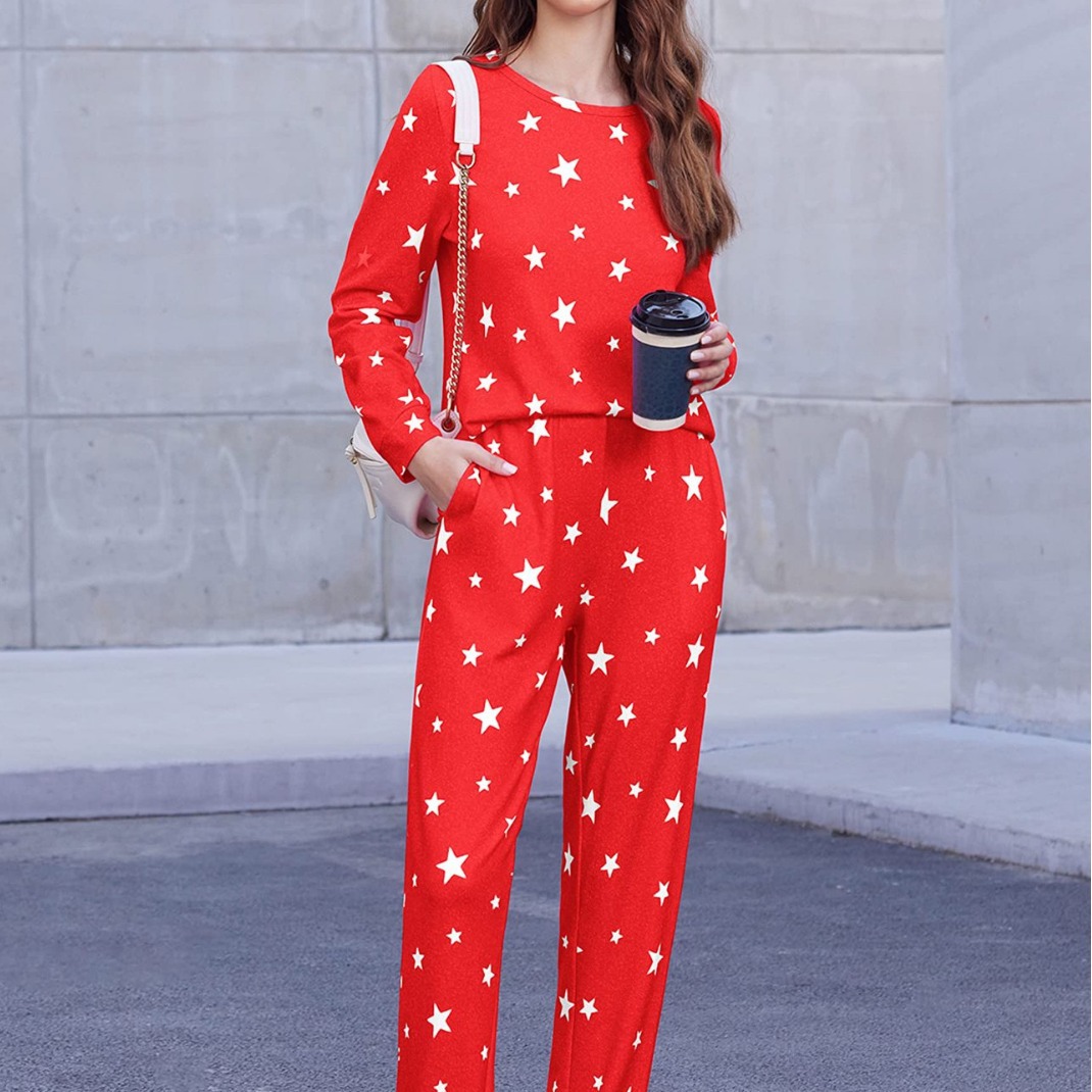 2025 Europa y América Amazon Red Star Print Cuello redondo Casual cómodo servicio a domicilio Pijamas Pijama Manga larga