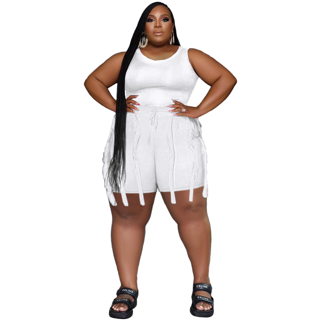 Women's Clothing Two-piece Set with Tassel Shorts, Sleeveless Casual Suit, Sports Large Size Two-piece Set_voghion.com