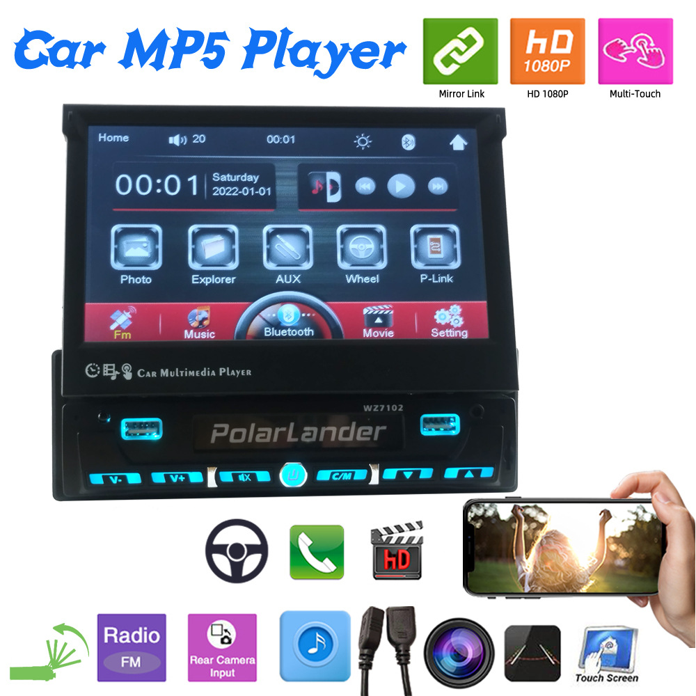 7inch Single-Cylinder Manual Retractable Screen Car Bluetooth Mp4 Player Fm Radio Reversing Priority 12V Dropshipping
