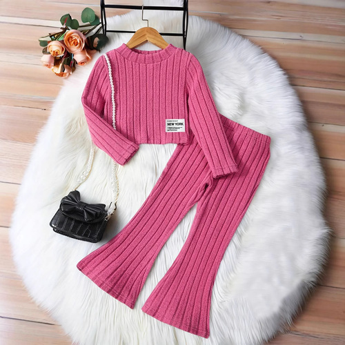 International Trade Cross-Border Children's Autumn Outfit: Long-Sleeve T-Shirt and Fashionable Warm Bell Bottom Pants Set, Suitable for Ages 1-8