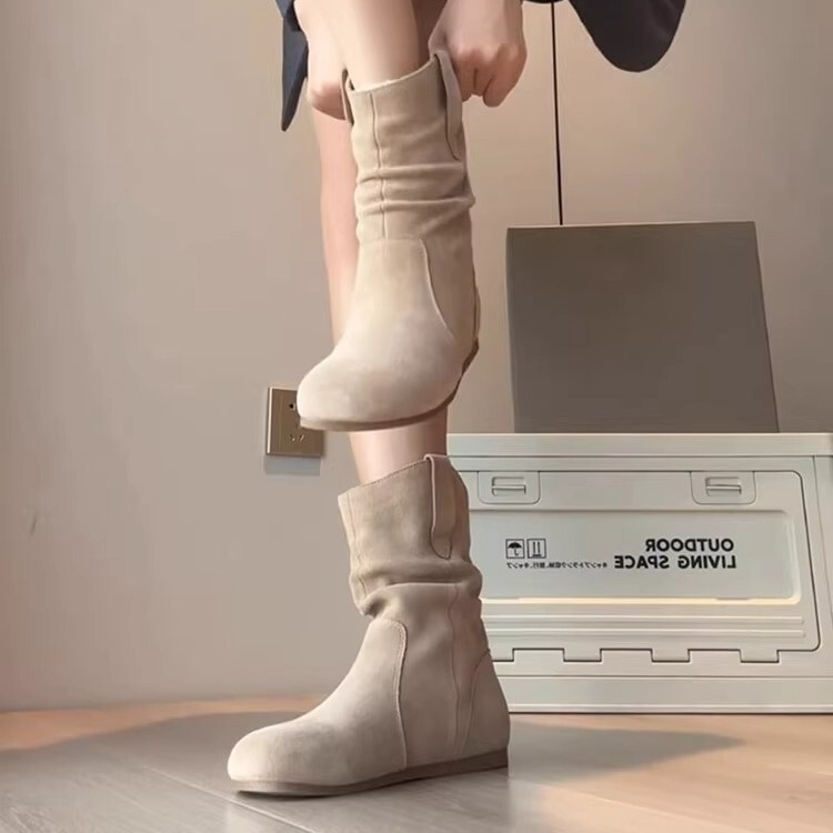 ソフトレザーバージョン〜ショートブーツレディースレトロウエスタンカウボーイブーツ2025秋新作プリーツパイルブーツチェルリースリムブーツ|undefined