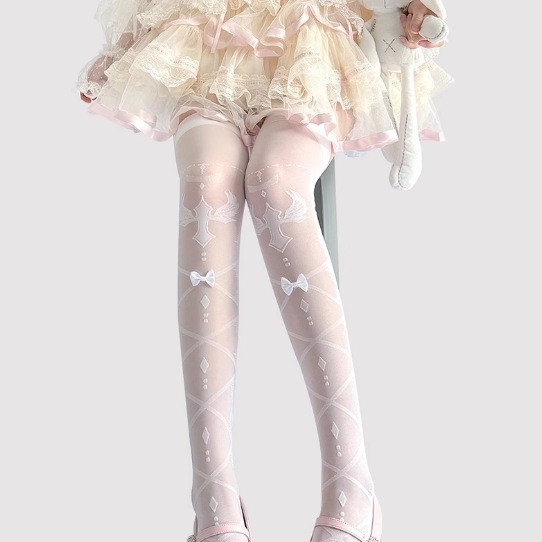 Japanese Lolita Cross Pattern Over-the-Knee Socks Lolita Sweet Thin Silk Stockings Bow Thigh Socks