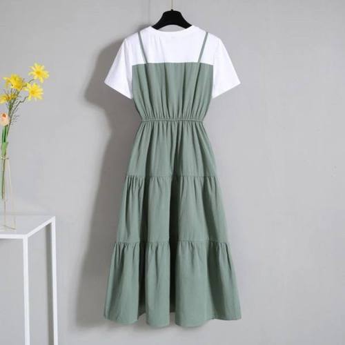 2023 Summer Plus Size Women's Fashion Suspender Fake Two Piece Long Skirt Fat Sister Waist Slimming Short Sleeve Dress for Women