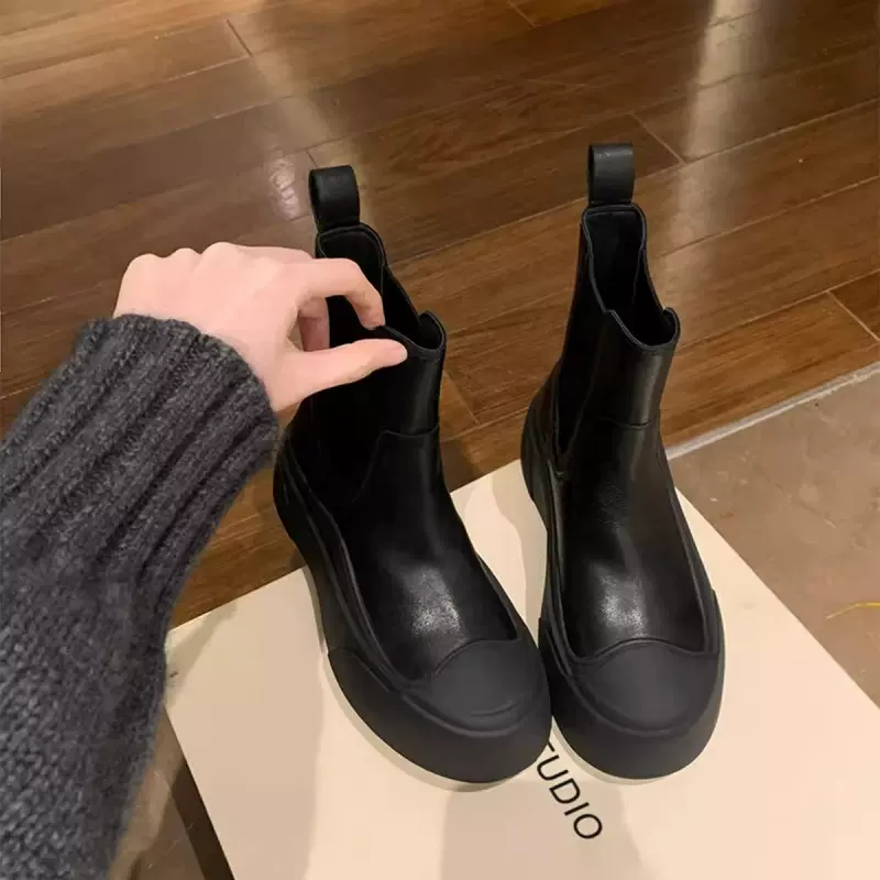 牛皮版~真皮厚底切尔西短靴女英伦风马丁靴百搭烟筒机车靴瘦瘦靴