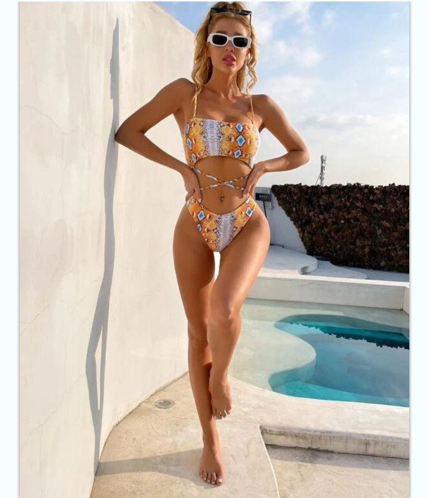 Snake skin print cross strapped bikini swimsuit set NSHL48214