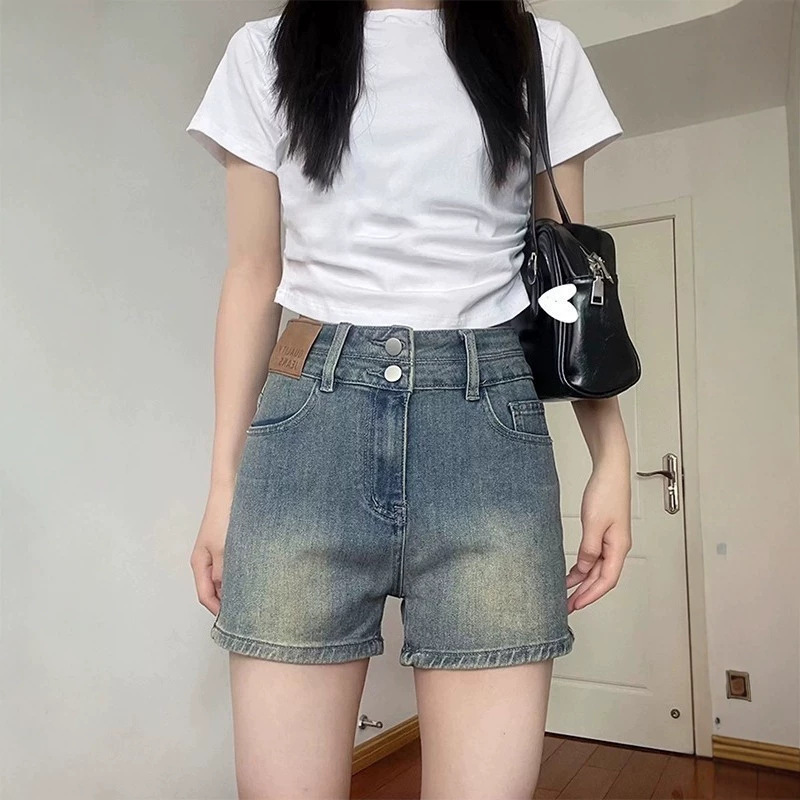 American Retro Double-Button Straight-Leg Denim Shorts for Women, 2026 Summer New High-Waisted Stretchy Slimming A-Line Hot Pants