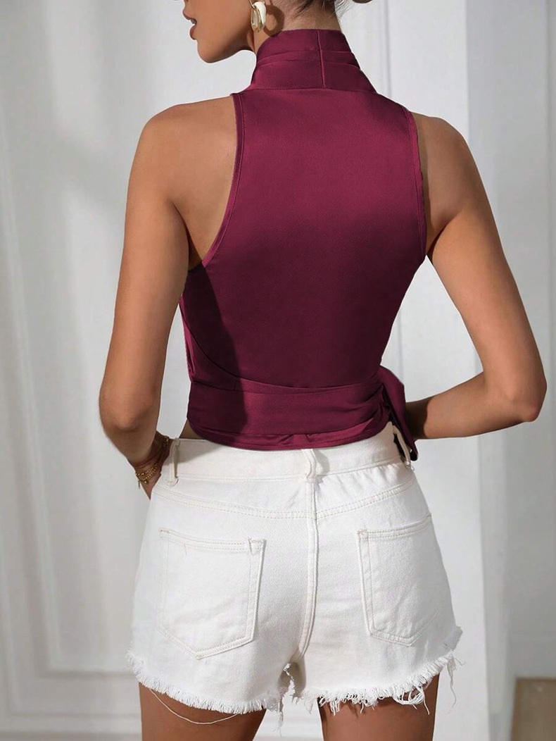 Camicetta donna in raso senza maniche top sexy con allacciatura_voghion.com