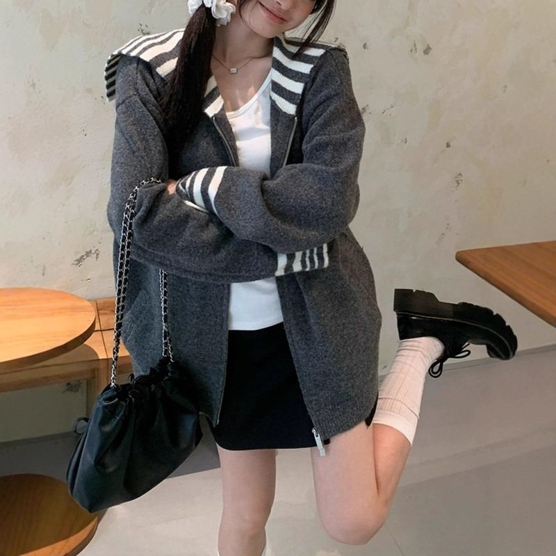 Song~En Gray Stripesd Navy Collar Knitted Cardigan Jacket for Women Autum New Loose Korean Style Lazy Style Top Song~En Gray Stripesd Navy Collar Knitted Cardigan Jacket for Women Autum New Loose Korean Style Lazy Style Top