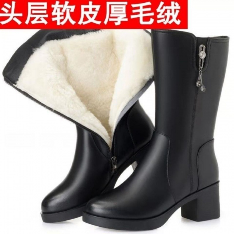 新款头层牛皮加绒加厚棉靴防滑耐磨靴保暖靴女冬季长筒靴子棉靴子