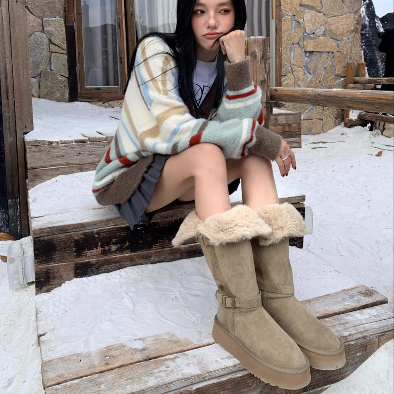 两穿东北哈尔滨长筒灰色雪地靴女款冬季加绒加厚高筒厚底棉鞋靴|undefined