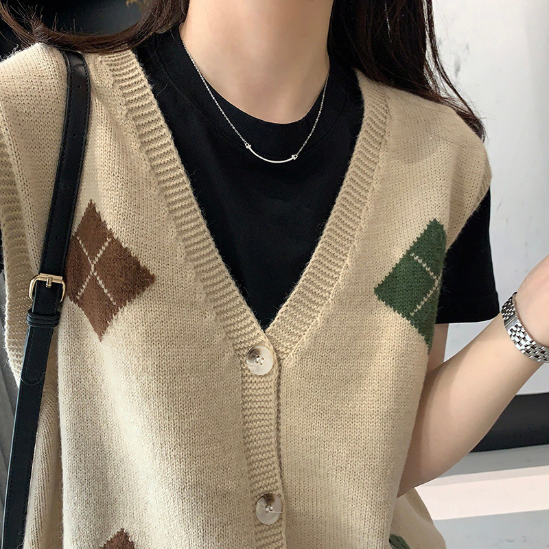 2023 otoño e invierno nuevo japonés retro diamante Plaid contraste color cuello en V suéter chaleco exterior chaleco cardigan de punto para las mujeres