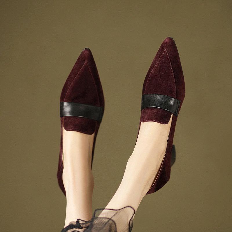 European French Retro Pointed Toe Deep Mouth Flats for Women 2024 Spring & Fall New Versatile Soft Leather Burgundy Thick Heel High Heels