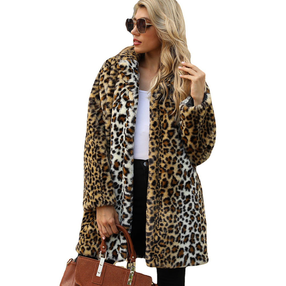 Women's autumn and winter new leopard suit collar long faux fur coat women_voghion.com