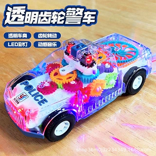抖音同款电动透明齿轮警察车万向灯光音乐小汽车儿童玩具批发地摊