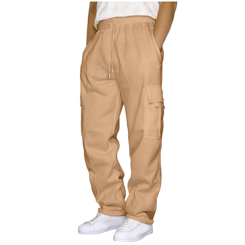 2024 Cross-border New Style Sports Leisure Warm Fleece Sweatpants with Multiple Pockets and Cord Ties for Men Loose Work Pants