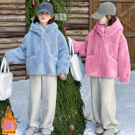 女童冬装加绒毛毛衣外套儿童时髦小女孩洋气加厚连帽仿皮草上衣潮