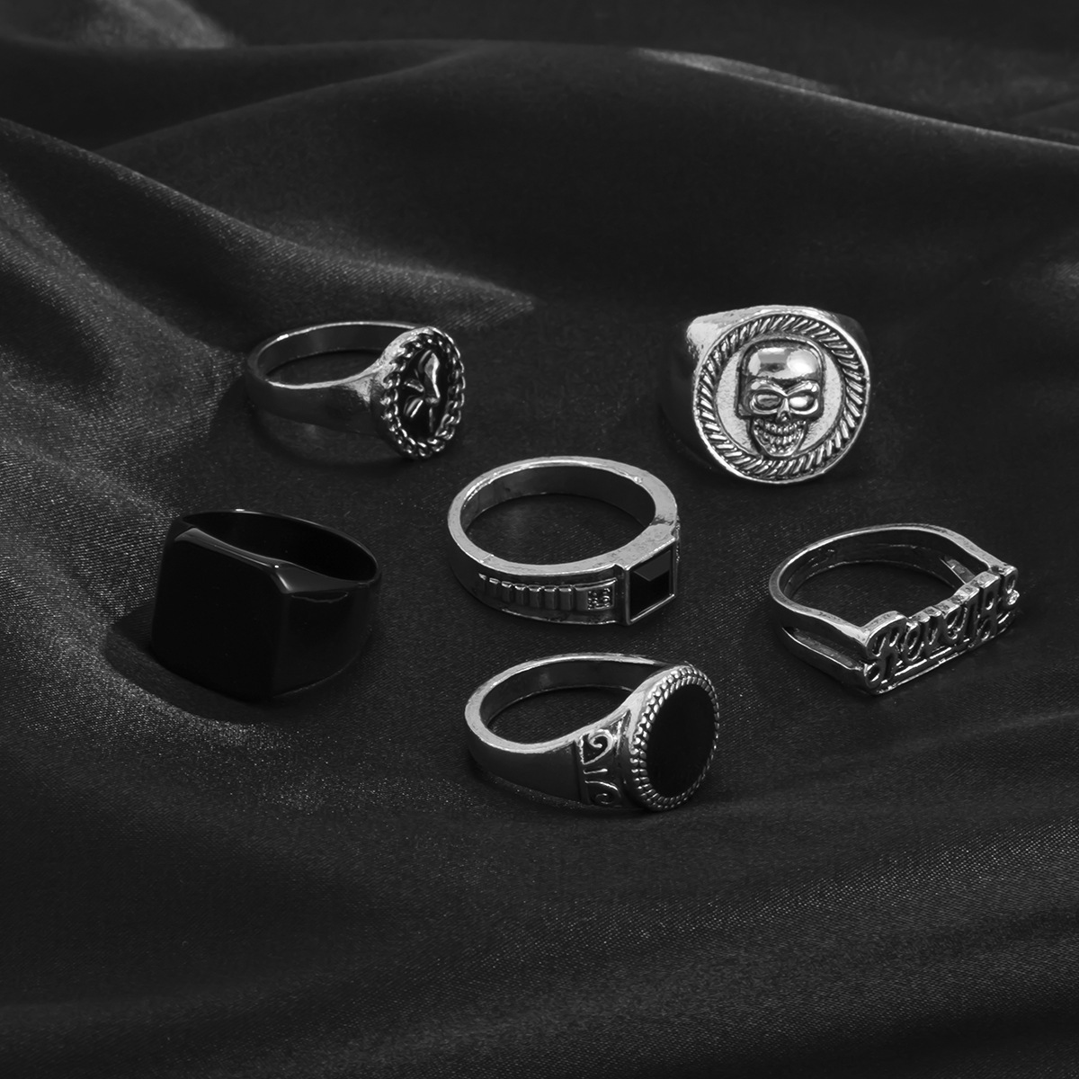 6-Piece Set Quantity Banquet, Street Occasion Men's Hip-Hop Retro Punk Rings Geometric Skull Alloy Enamel Crystal Men Ring Sets