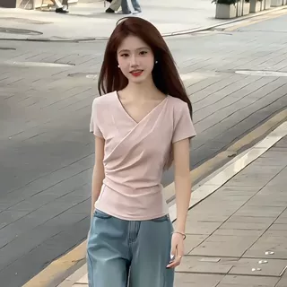 韩系独特漂亮粉色扭结荡领上衣女夏季新款正肩短袖T恤设计感小众