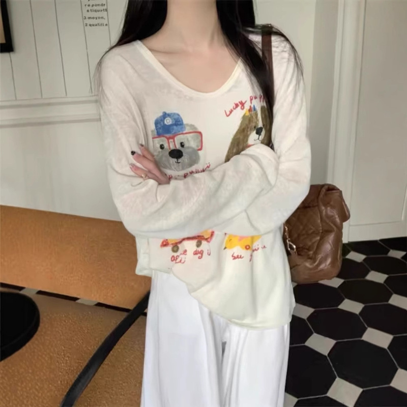 apricot Age-reducing Cute Dog Printed Long-sleeved T-shirt Women's Autumn Loose Casual Lazy High-end U-neck Top