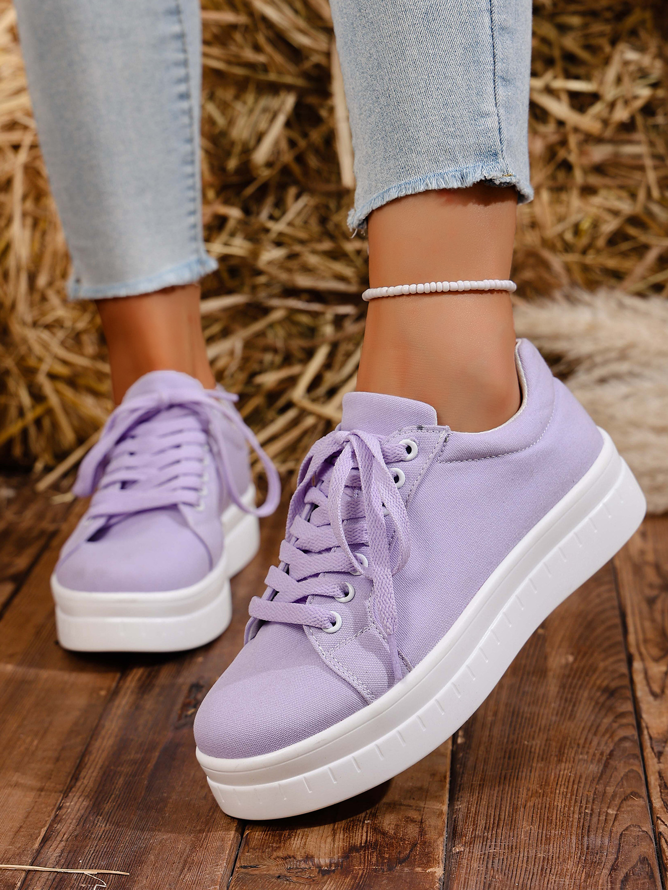 Women's Lace-up Casual Trainers For Women Round Toe Thick Sole_voghion.com