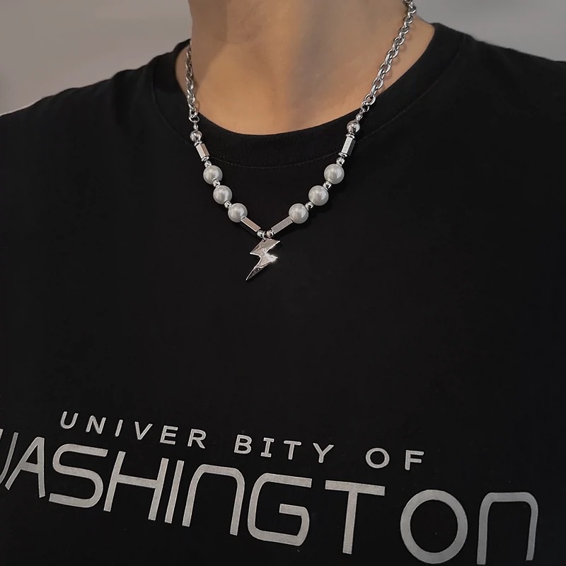 Lightning Pendant Pearl Men's Titanium Steel Necklace High Ins Niche Design Sense Clavicle Chain Hip Hop Women's Woolen Chain