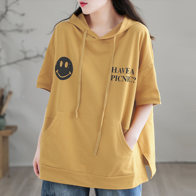 Cotton summer thin fashionable T-shirt with hood
