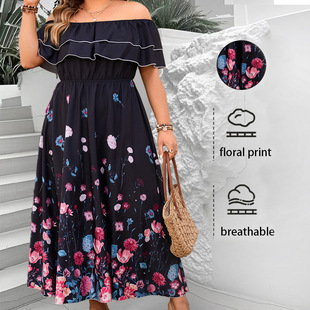 Cross-border Amazon one-word collar printing dress AliExpress independent station fashion spring and summer European and American women's clothing dress