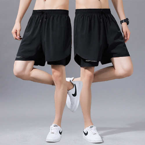 Men's Summer Marathon Athletic Fitness Running Ice Silk Training Three-in-One Shorts with Inner Liner