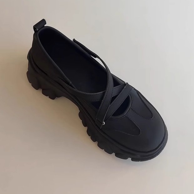Soft Leather Version ~ Retro Thick-Soled Height-Increasing Round-Toe Mary Jane Shoes, Versatile Cross-Strap Soft Leather Ballet-Style Small Leather Shoes