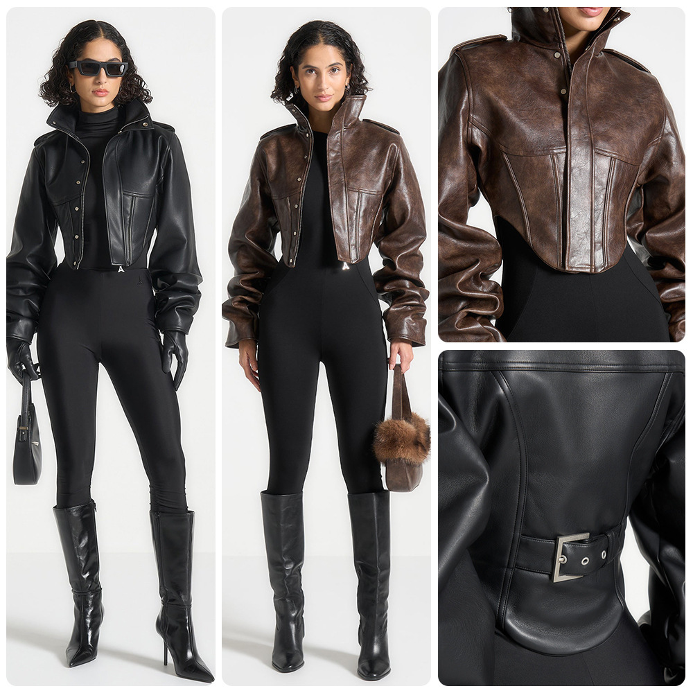 European and American 2026 New Women's Leather Jacket with Classic Stand Collar, Zipper, Short Slim Fit, Vintage Distressed Coffee Color