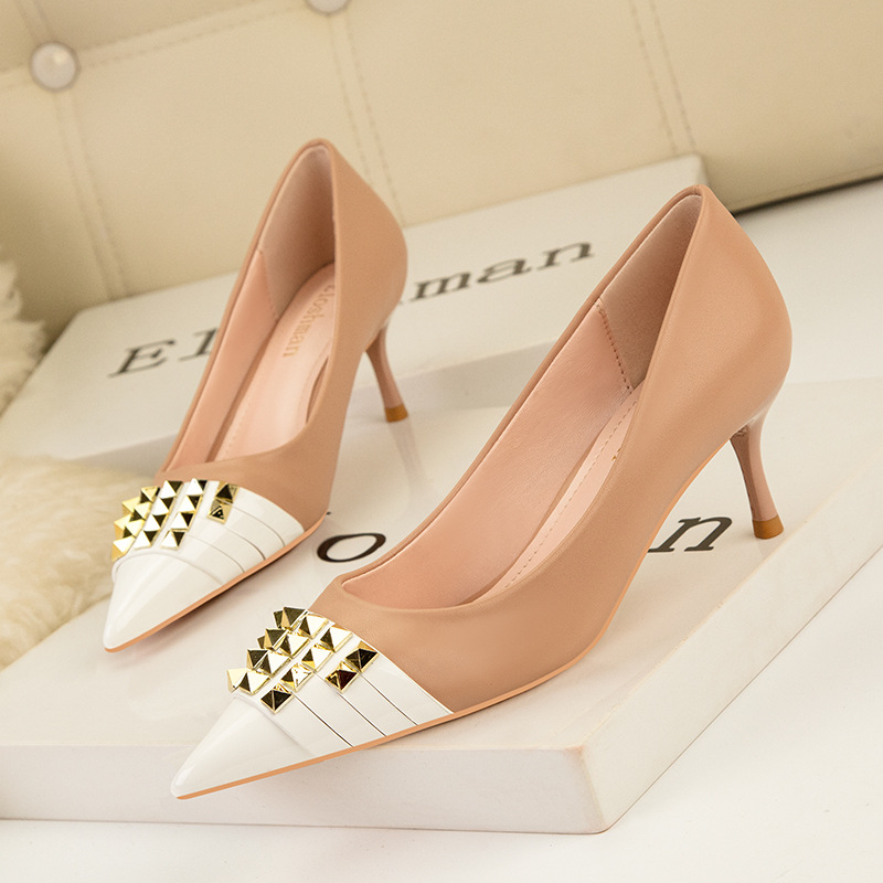 869-22 European and American fashion sexy show thin thin high heels for women's shoes with high heels shallow mouth pointed rivet color matching shoes
