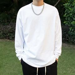360G重磅长袖t恤男纯棉厚实宽松纯色白色T春秋上衣日系圆领打底衫