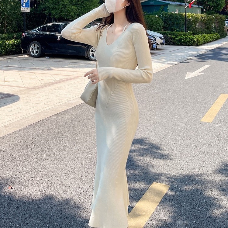 秋冬装长款过膝百搭连衣裙针织纯色针织衫修身内搭女收腰毛衣裙子|undefined