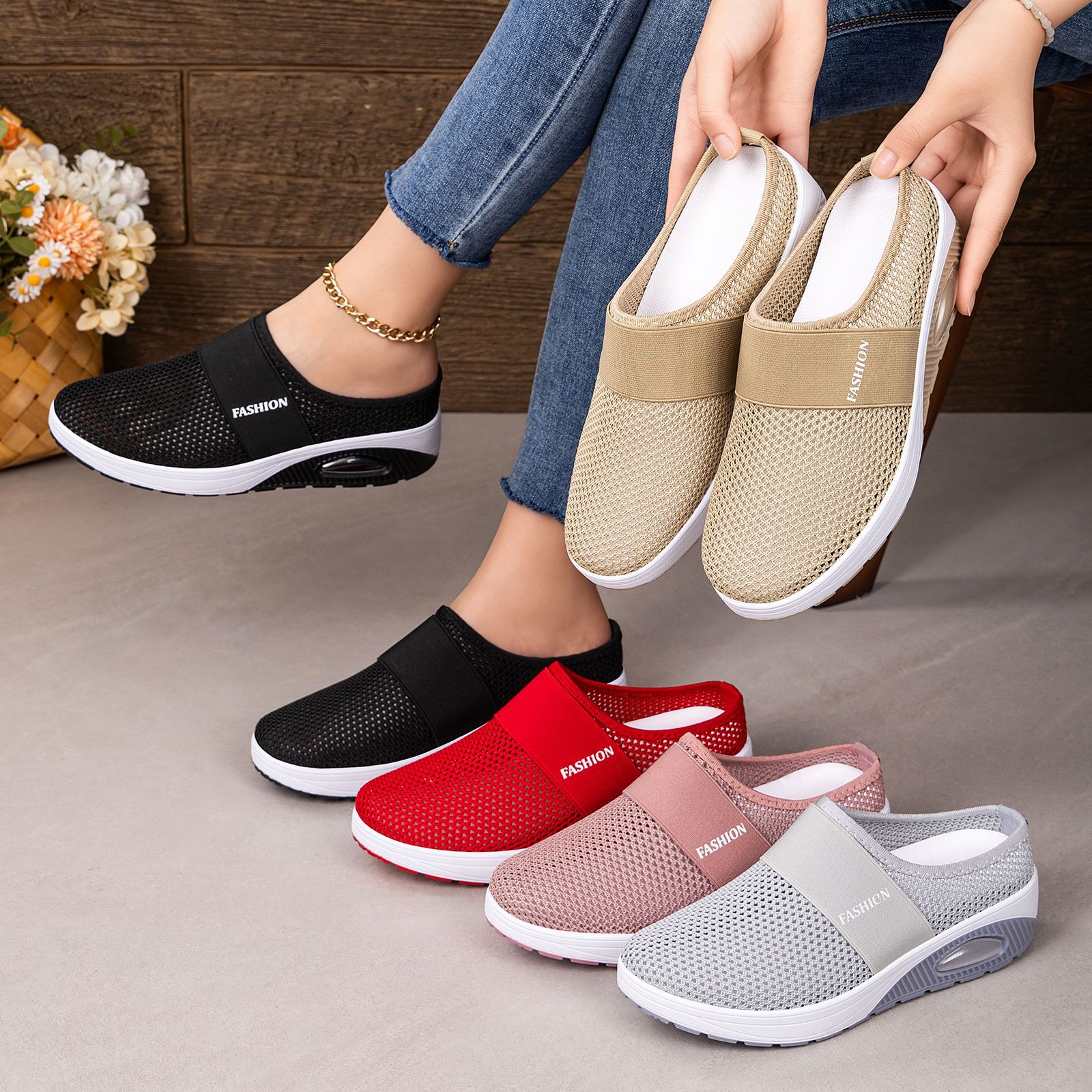 2026 nuevo verano transfronterizo sin tacones rocantes zapatos de mujer suela gruesa ligera con almohadilla de aire zapatos de malla transpirables zapatos de mujer