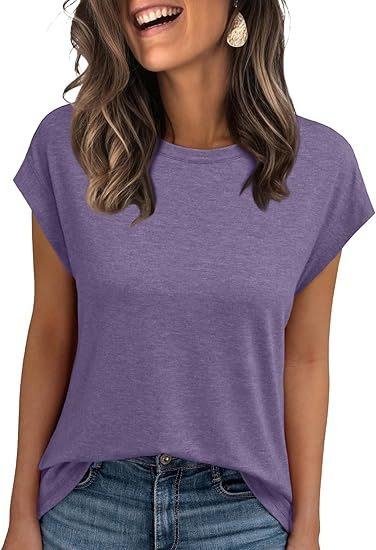 Amazon 2025 ヨーロッパとアメリカの女性のベスト夏クロスボーダーラウンドネック半袖 Tシャツ無地ラウンドネックカバースリーブ外国貿易女性|undefined