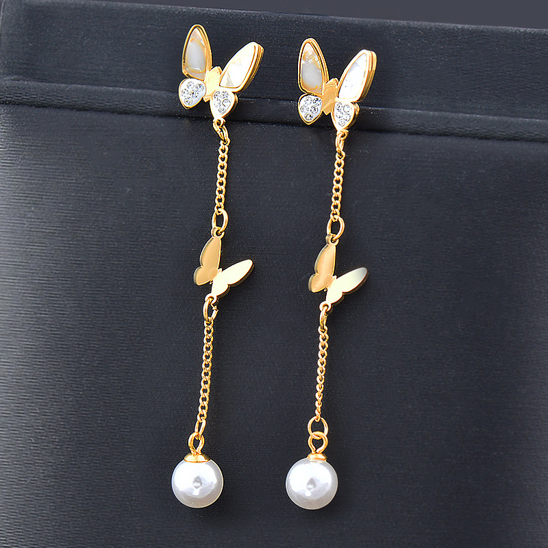 Fashion Butterfly Titanium Steel Inlay Shell Pendant Necklace 1 Piece 1 Pair