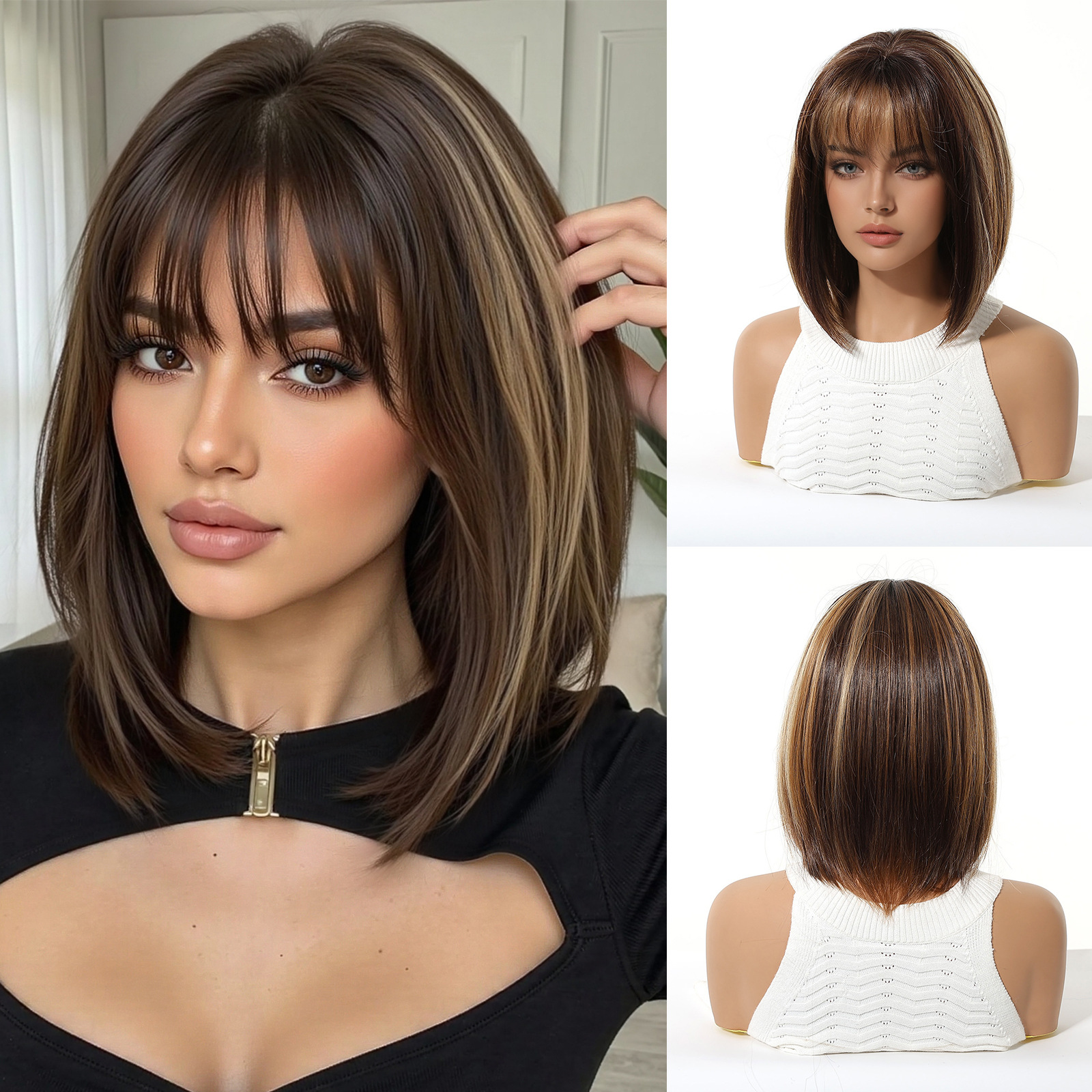 Oro cálido teñido Qi Hai Shun recto cabello corto cubierta de cabeza de seda de alta temperatura sombrero de red de rosas 12 pulgadas cuero cabelludo simulado Hai