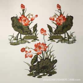 伊夏绣品荷花水溶刺绣布贴花朵贴花中国风旗袍装饰花绣花旗袍贴花