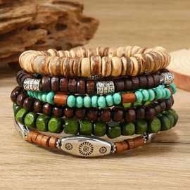 民族风木珠松石手链合金6件套多层弹力手镯欧美波西米亚复古手镯