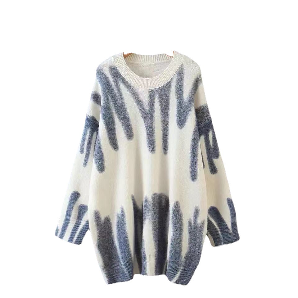 Lazy style pullover for women's autumn and winter 2024 new loose fit Korean printed knit sweater_voghion.com