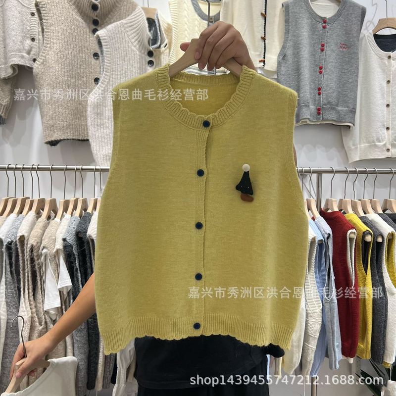 日系无袖叠穿毛衣马甲开衫女2025秋季新款宽松单排扣圆领针织背心|undefined