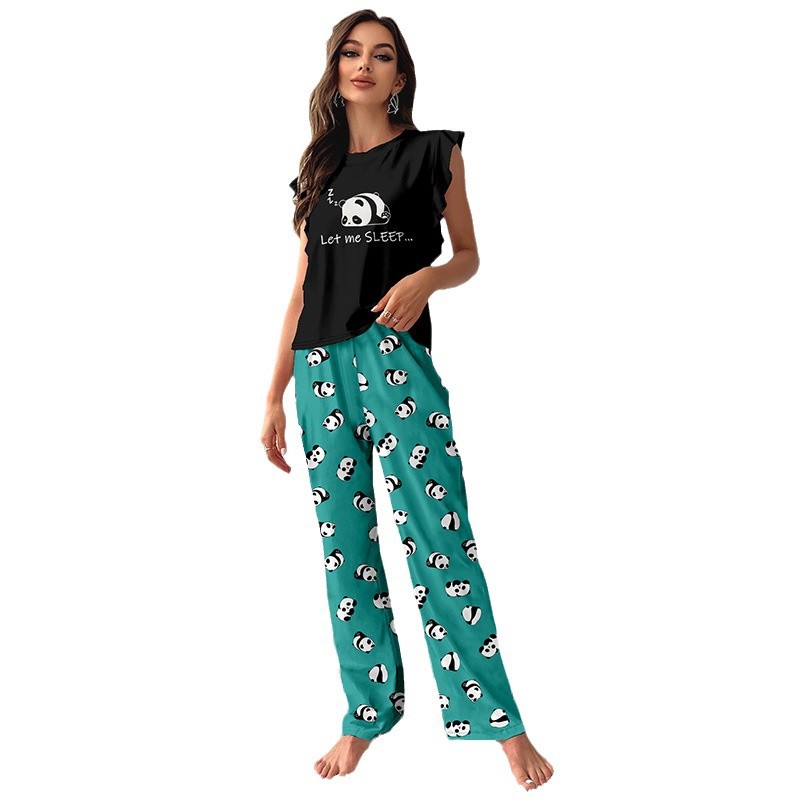 Women's Milk Silk Flutter Sleeve T-Shirt And Trousers Set European American Style Cross Border Pajamas Loungewear for Summer_voghion.com