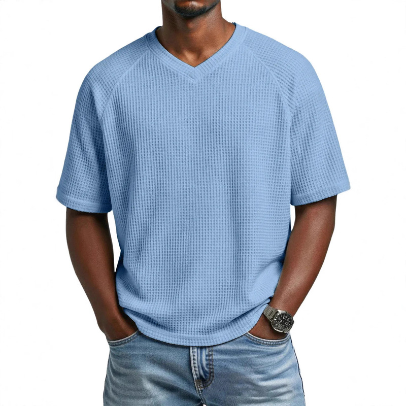 2026 European and American Spring/Summer Cross-Border Independent Fashion Platform Men's Fashion Waffle Knit Raglan Sleeve V-Neck Short Sleeve Men's T-Shirt