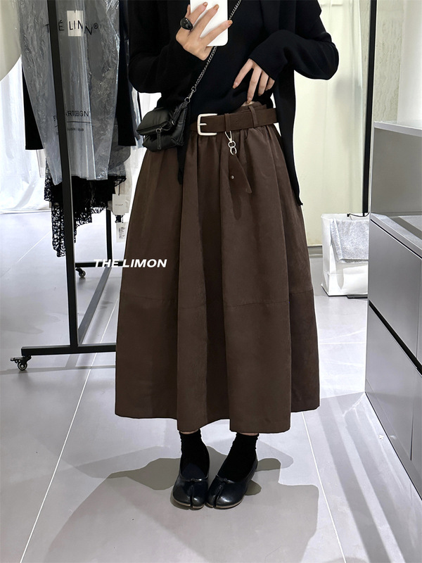 十三行高腰显瘦赫本风中长款伞裙女2025秋季百搭A字半身裙配腰带|undefined