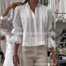 跨境欧美独立站亚马逊2025秋季新款女士纯色翻领荷叶长袖宽松衬衣